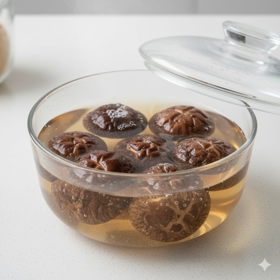 Ngâm nấm hương với nước ấm pha đường giúp nấm mềm nhanh và giữ hương thơm.