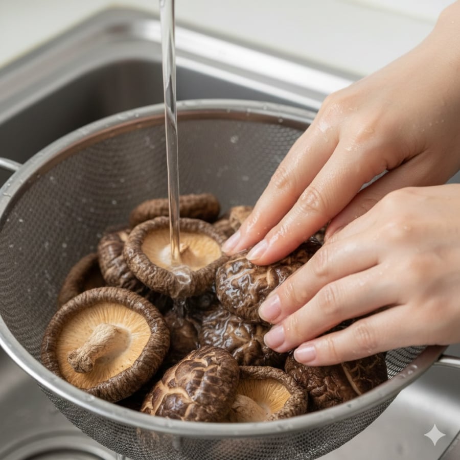 Rửa nấm hương dưới vòi nước, chà nhẹ để sạch bụi bẩn trước khi ngâm.