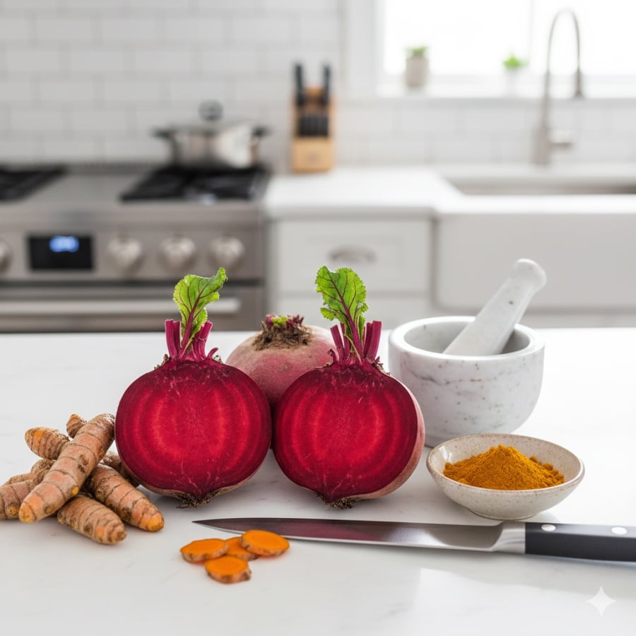 Củ dền và nghệ giàu chất chống oxy hóa, giúp bảo vệ tế bào gan và giảm viêm.