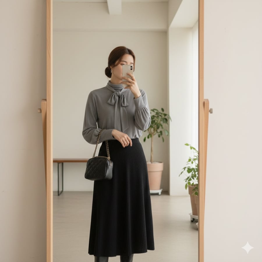 Với chân váy chữ A hoặc váy xếp ly đen, áo thun dài tay giúp tổng thể trở nên mềm mại và hiện đại