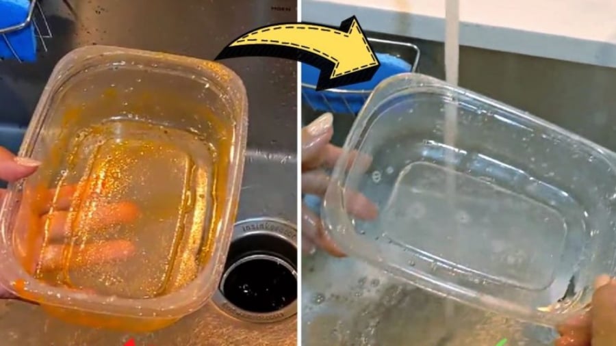 Bạn có thể cho một vài tờ giấy ăn cùng một ít nước ấm, nước rửa chén vào hộp, đậy nắp rồi lắc mạnh để làm sạch dầu mỡ trong hộp.