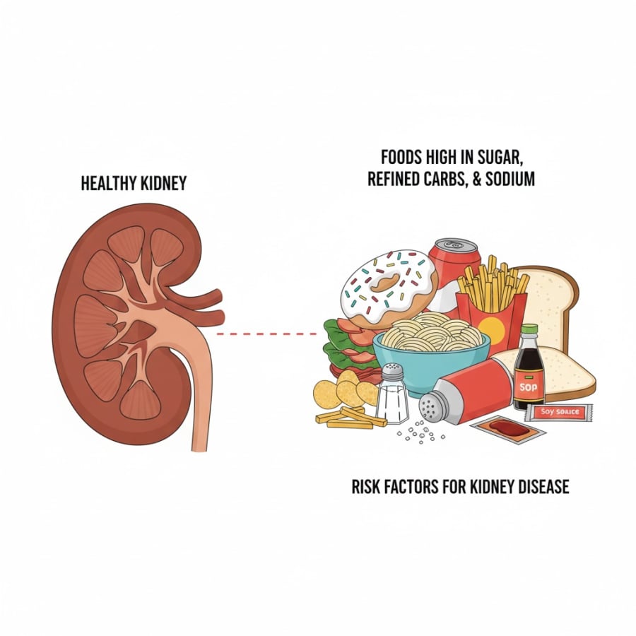 Không chỉ đồ mặn, thực phẩm nhiều đường và tinh bột tinh chế cũng là yếu tố làm tăng nguy cơ suy thận.
