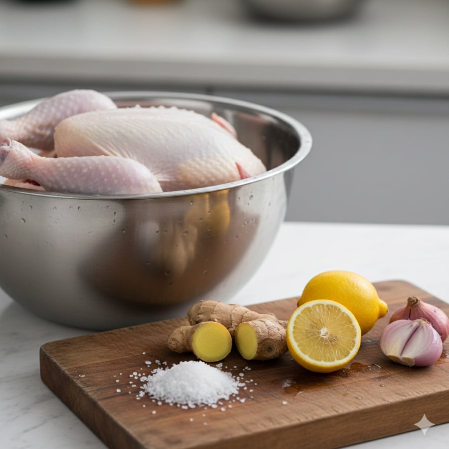 Kẻ Thù Của Mùi Tanh Khi Luộc Gà: Cho Đúng Thứ Này Vào Nồi, Thịt Thơm Ngọt Tự Nhiên, Không Cần Mì Chính Sơ Chế Gà Đúng Cách Với Muối Và Gừng Giúp Loại Bỏ Mùi Tanh Ngay Từ Đầu.