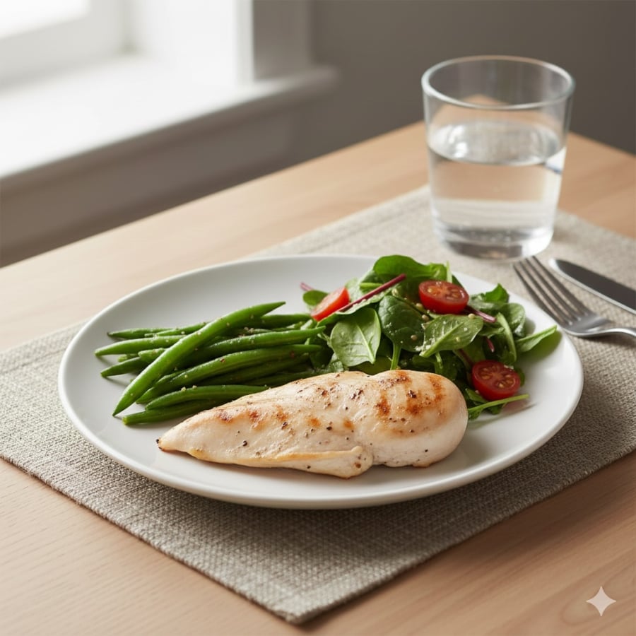 Thịt gà và đậu là nguồn protein, chất xơ phù hợp để thêm vào bữa tối nhằm hạn chế tích mỡ vùng bụng.