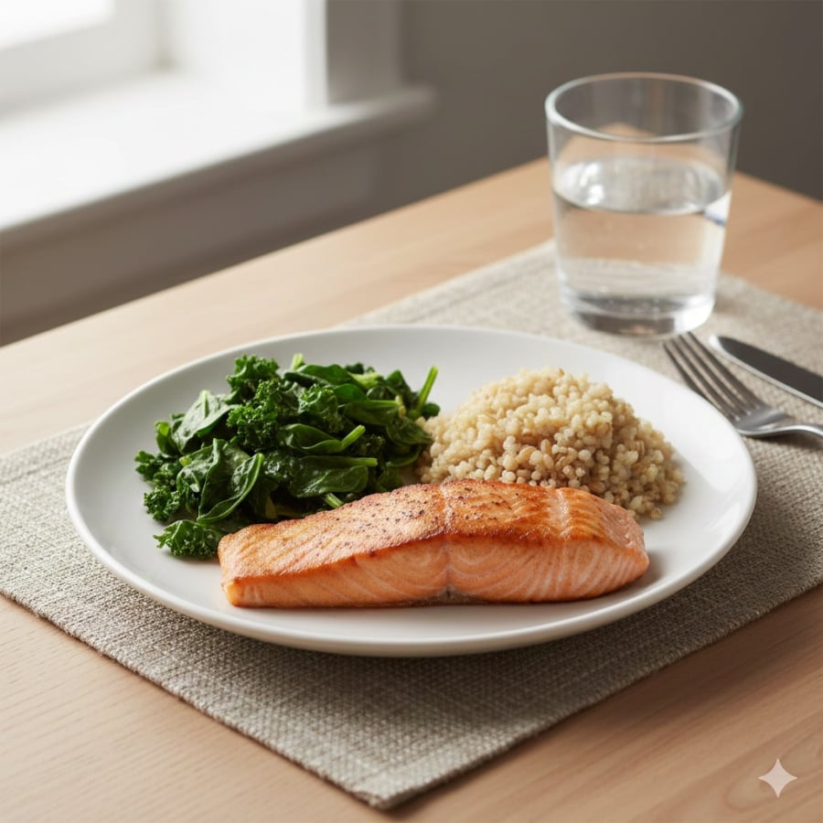 Bữa tối cân đối với cá hồi, rau lá xanh và ngũ cốc nguyên hạt giúp no lâu, hỗ trợ giảm mỡ bụng sau 1 tháng.