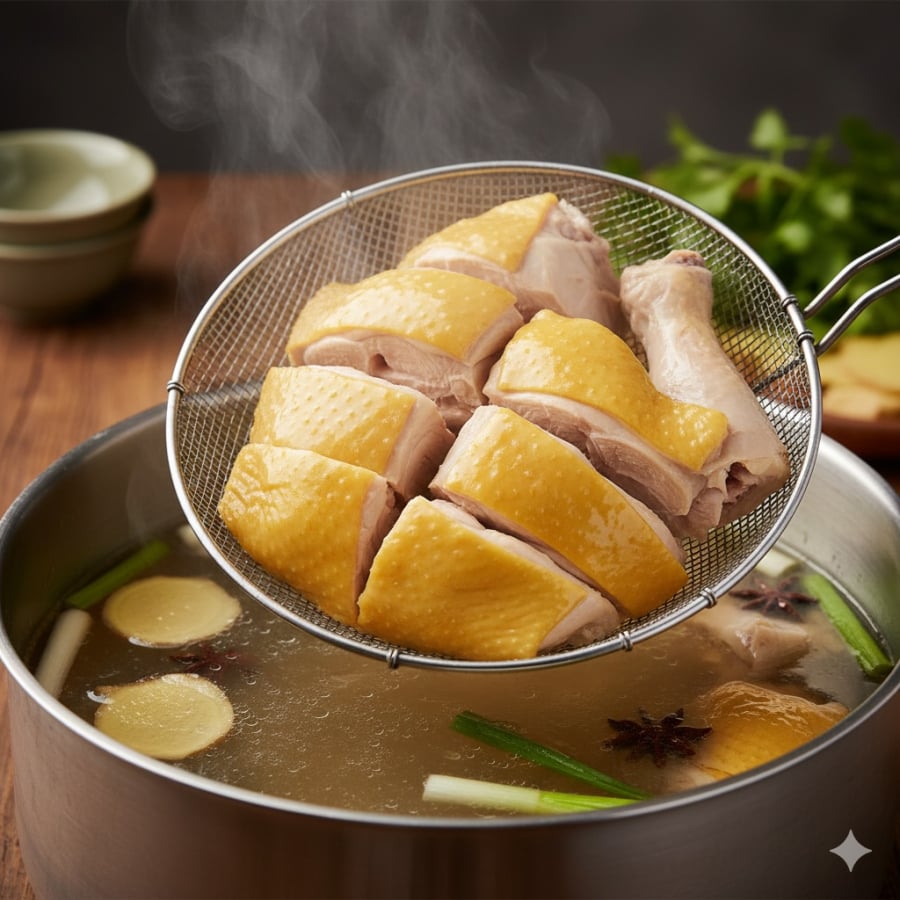 Chần gà bằng nước nóng là cách hâm nhanh, giúp thịt mềm lại mà không bị khô.