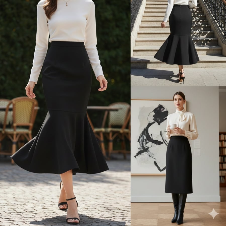 Chân váy màu đen được xem là lựa chọn an toàn nhưng không hề nhàm chán trong tủ đồ công sở tối giản