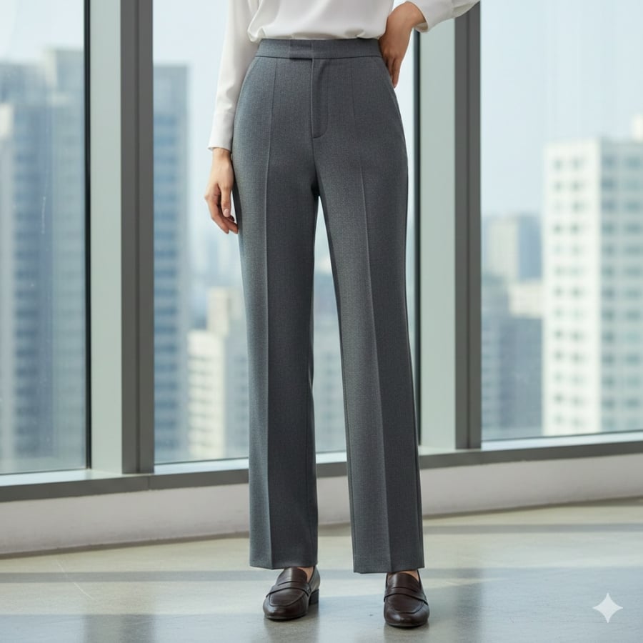 Quần âu là trụ cột quan trọng trong tủ đồ công sở, và thiết kế có đường ly giữa càng làm rõ tinh thần tối giản