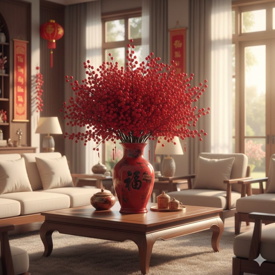 Đào đông đỏ với chùm quả dày, sắc đỏ trầm ấm giúp không gian ngày Tết thêm sang trọng và vượng khí.