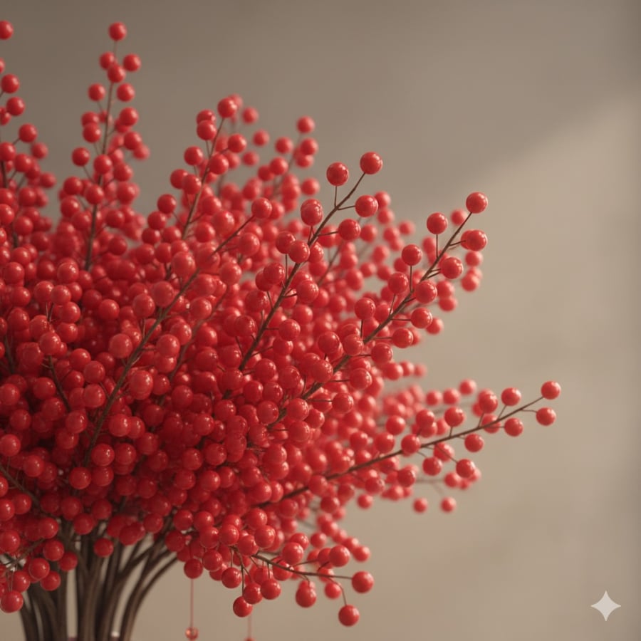 Những chùm quả đào đông đỏ mọc sát cành tượng trưng cho sự đủ đầy, bền bỉ và tài lộc dài lâu.