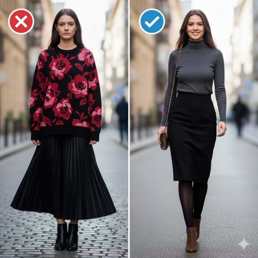 Chân váy dài luôn gắn liền với hình ảnh nữ tính và thanh lịch, nhưng độ dài qua mắt cá chân lại là “ranh giới nguy hiểm” với vóc dáng