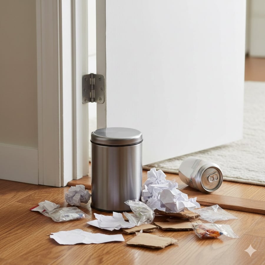 Thùng rác đặt ở cửa chính bị xem là biểu tượng “xả tài”, dễ khiến tiền bạc trong nhà thất thoát mà không rõ nguyên nhân.