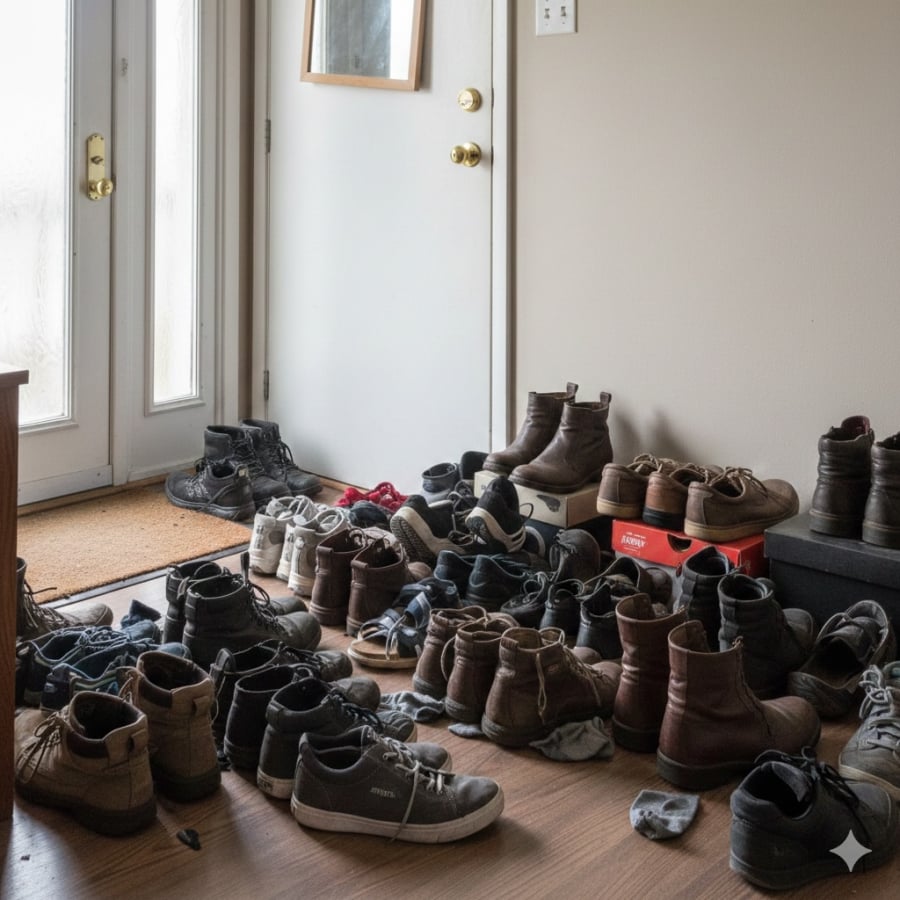 Giày dép lộn xộn sau cửa chính mang theo tạp khí, làm nghẽn lối vào của tài lộc và ảnh hưởng tinh thần gia chủ.