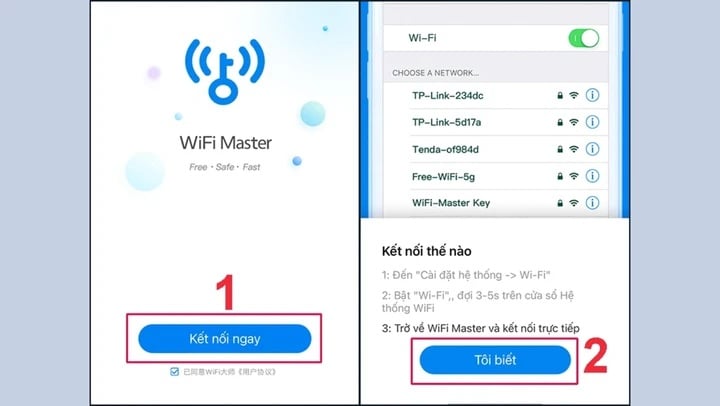 Bật Dữ liệu di động trên điện thoại, sau đó mở ứng dụng WiFi Master vừa tải về, chọn Nhận thêm wifi miễn phí nếu bạn muốn có nhiều mạng wifi hơn nữa. Chọn Kết nối với Wifi mà bạn muốn kết nối.    
