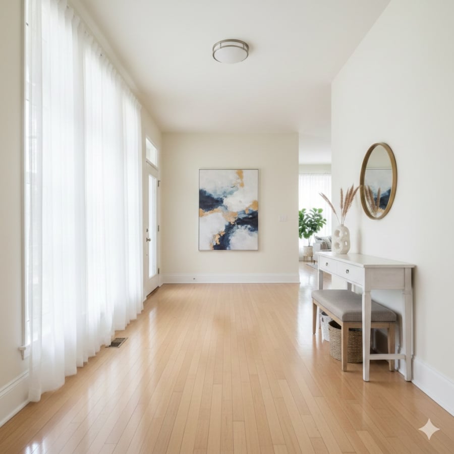 Tiền sảnh sạch sẽ, thoáng đãng giúp dòng khí lưu thông thuận lợi, mang lại cảm giác dễ chịu và thu hút năng lượng tích cực cho ngôi nhà.