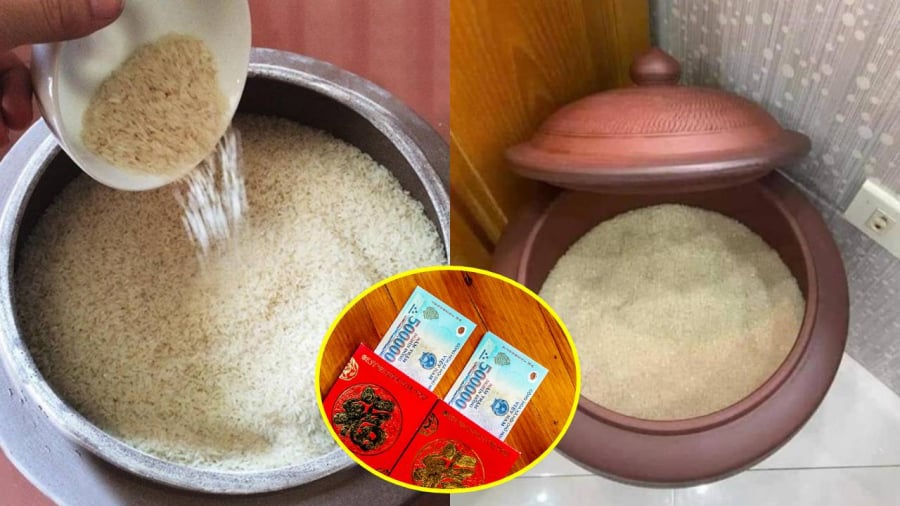 Đặt tiền xu hoặc phong bao lì xì đỏ có chứa tiền thật dưới đáy thùng gạo được coi là một mẹo phong thủy kích hoạt tài lộc.