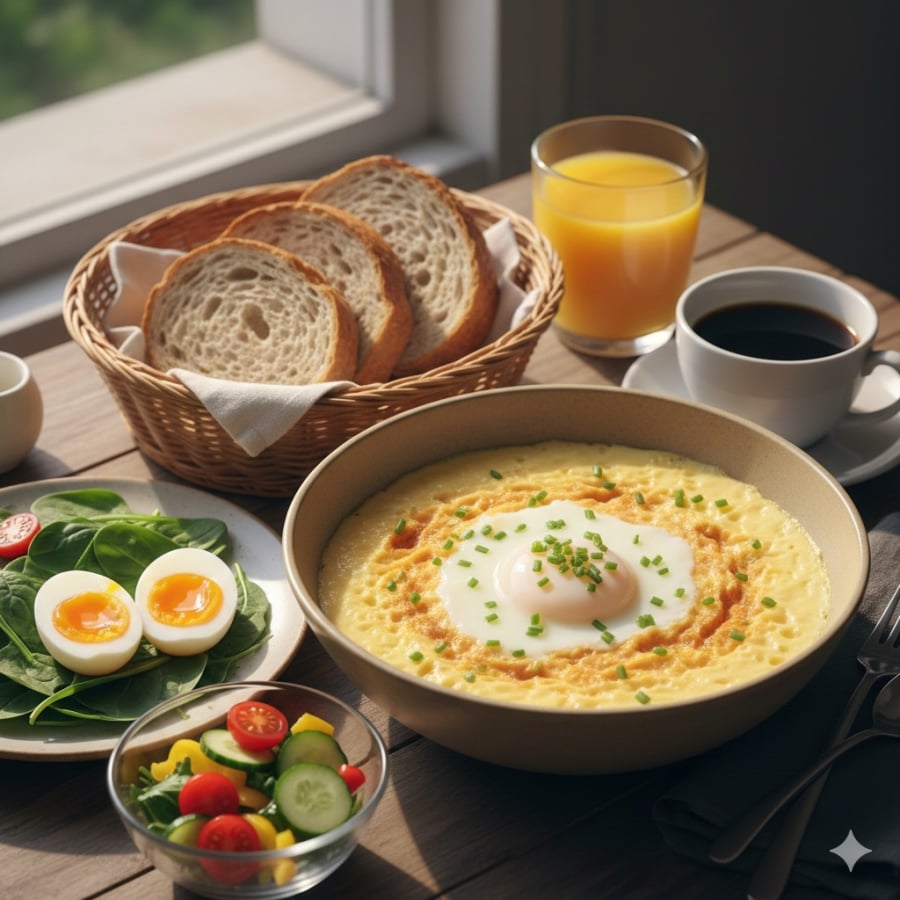 Trứng luộc và trứng hấp là lựa chọn bữa sáng ít calo, dễ tiêu hóa và giúp no lâu hơn.