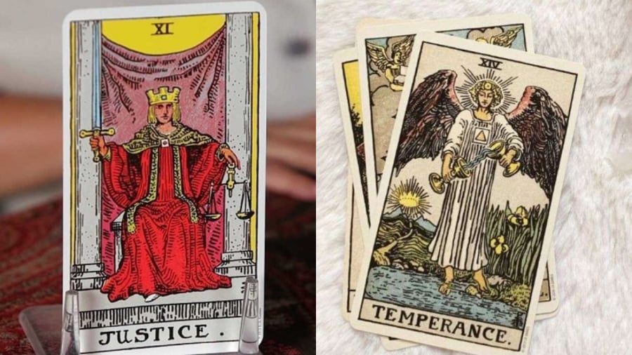 Lá bài tarot số 1 là Justice và lá bài tarot số 2 là Temperance.