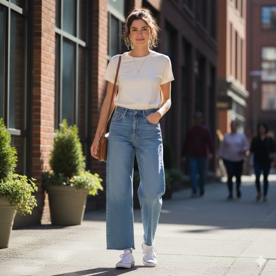 Quần jeans là “chìa khóa” hack tuổi quen thuộc, giúp tổng thể trang phục luôn năng động và hiện đại.