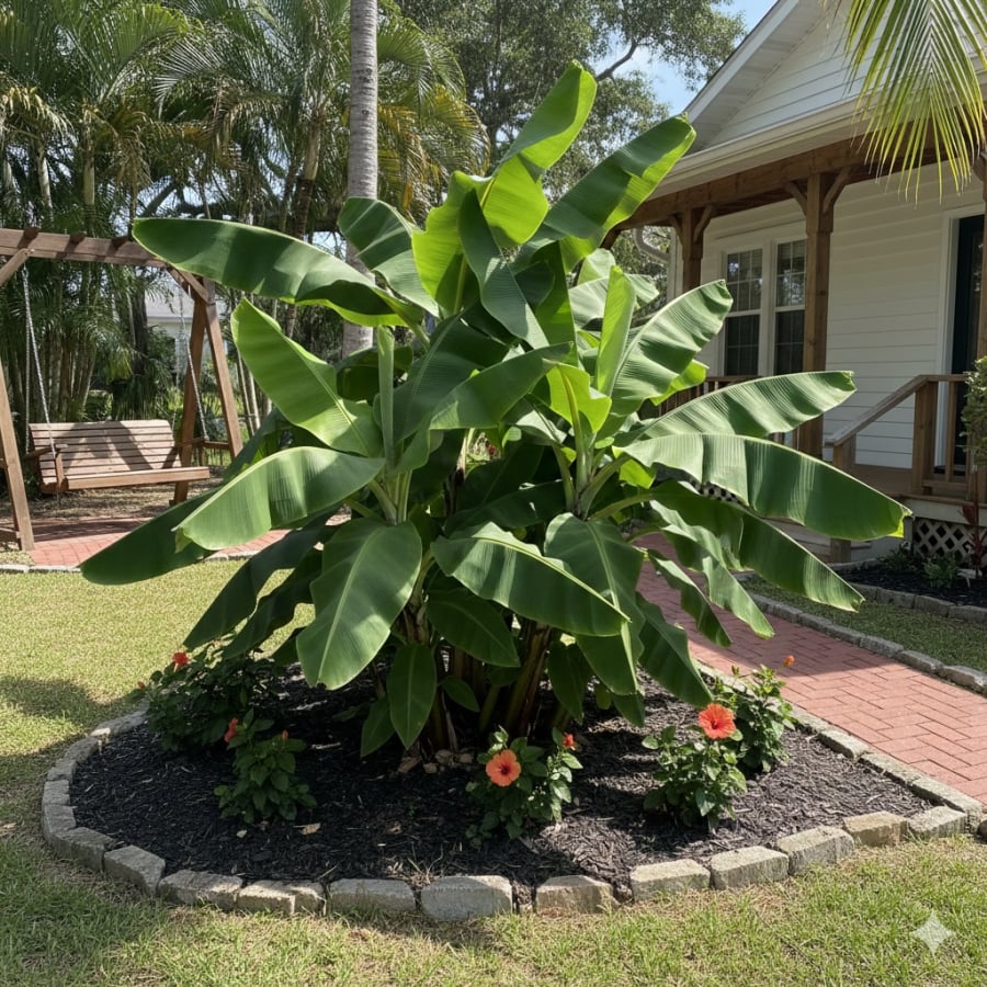 Chuối lùn là lựa chọn quen thuộc với người Việt, vừa dễ trồng vừa phù hợp làm điểm nhấn xanh cho sân trước.