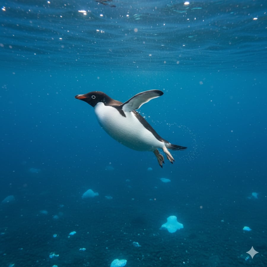 Dưới nước, chim cánh cụt “bay” bằng đôi cánh, thể hiện khả năng bơi lội vượt trội so với nhiều loài chim khác.