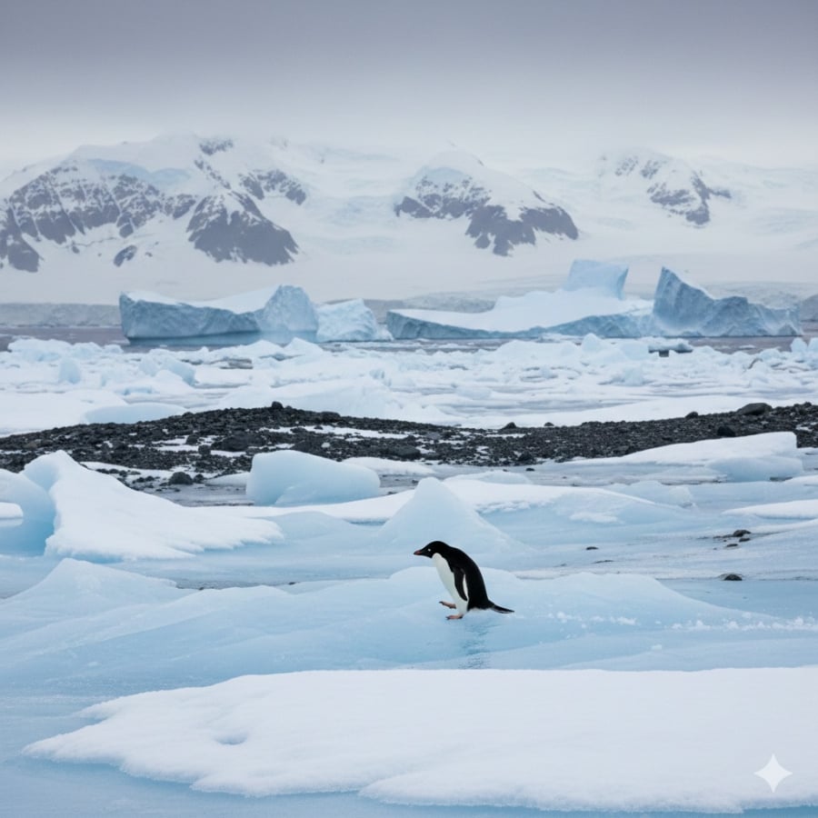 Chim cánh cụt – loài chim có cánh nhưng không bay, nổi tiếng với dáng đi đặc trưng trên băng.
