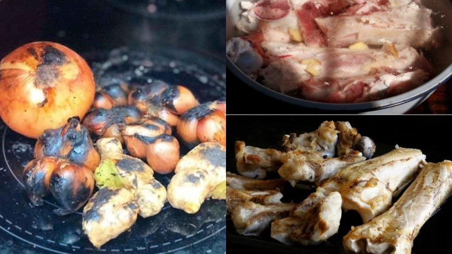 Phần xương cần được sơ chế kỹ để khử mùi hôi. Các loại gia vị sẽ được nướng hoặc rang trước để làm dậy mùi thơm.