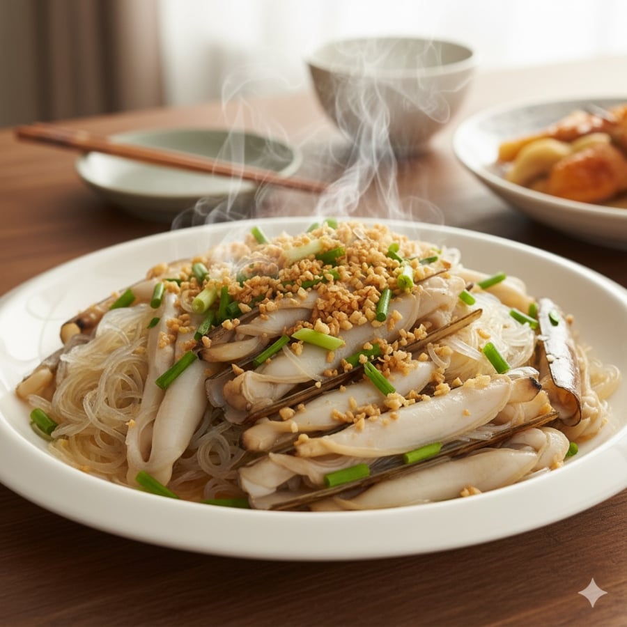 Ốc móng tay hấp miến tỏi giữ trọn vị ngọt tự nhiên, giàu Selen và protein, giúp cha mẹ ăn ngon miệng hơn.