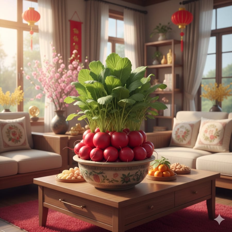 Củ cải đỏ trồng chậu mang sắc đỏ may mắn, tạo điểm nhấn độc lạ cho không gian sống dịp Tết.