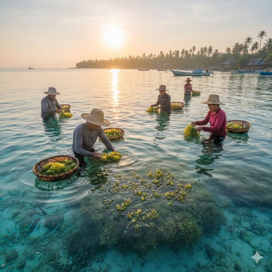 Nghề “nhặt ngọc” diễn ra âm thầm dưới làn nước biếc, đòi hỏi sự kiên nhẫn và hiểu biết về nhịp biển.