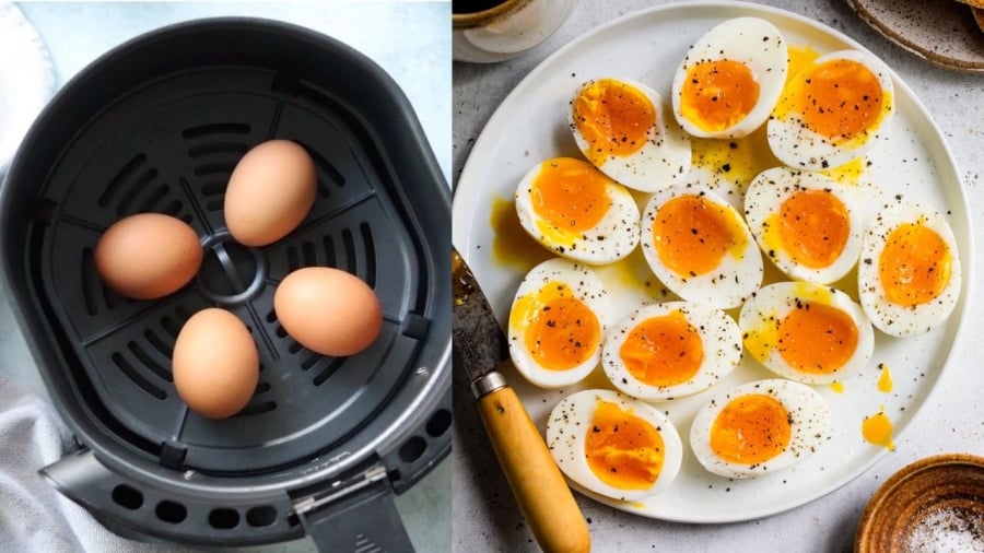 Để làm trứng lòng đào, bạn có thể cho trứng vào nồi chiên không dầu, làm nóng ở nhiệt độ 140 độ trong vòng 8 phút.