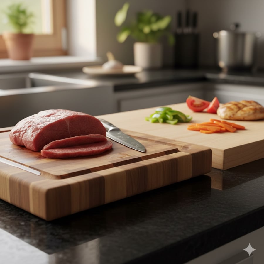 Dùng thớt có rãnh cho thực phẩm sống và thớt phẳng cho đồ chín giúp căn bếp sạch sẽ, an toàn hơn.