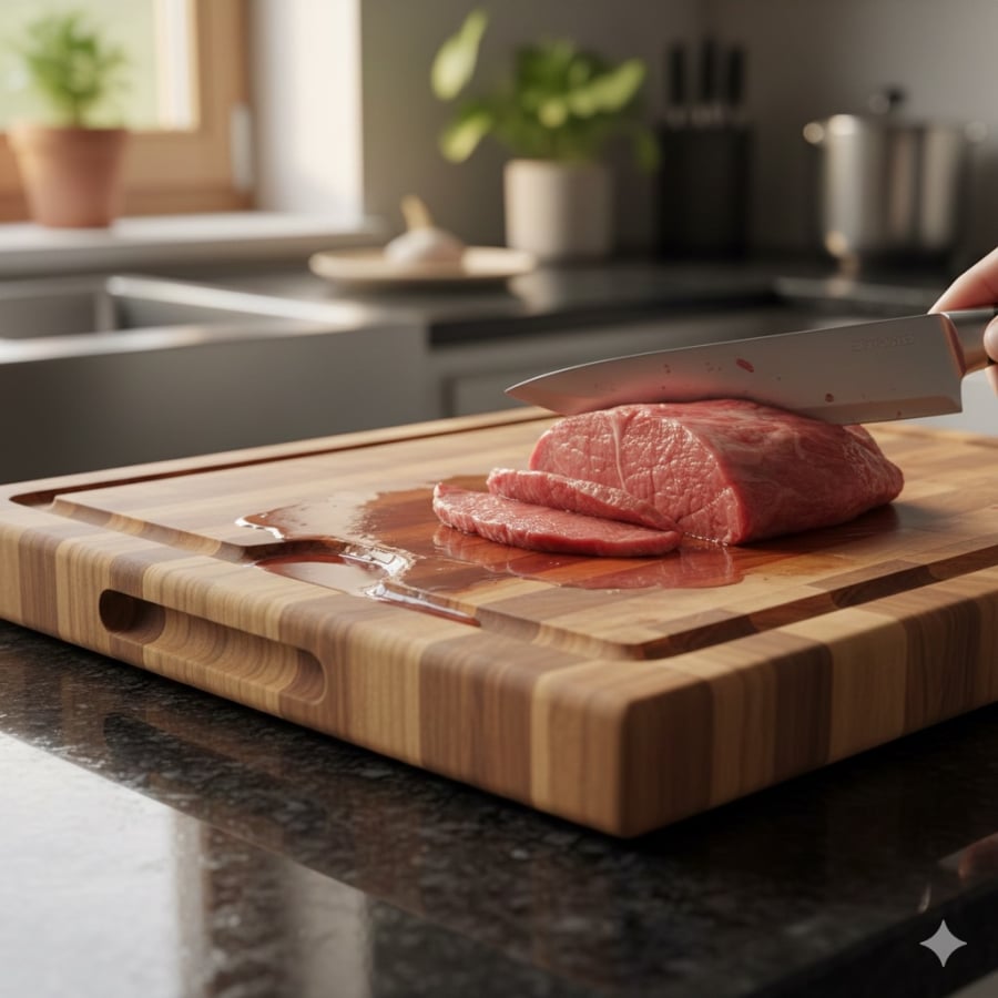 Rãnh nhỏ quanh viền thớt gỗ giúp giữ lại nước từ thực phẩm, hạn chế tràn ra mặt bếp.