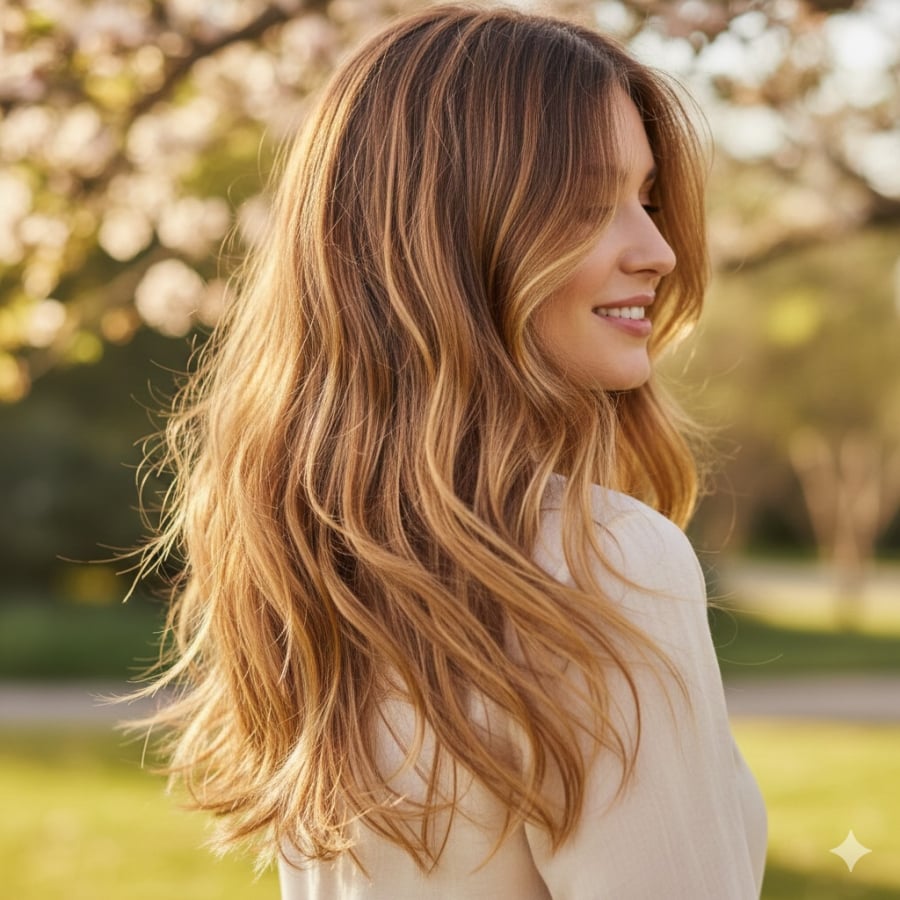 Tóc dài tỉa lớp giúp mái tóc nhẹ hơn, tôn vóc dáng và giữ được vẻ sang trọng tự nhiên.