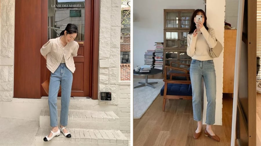 Sự kết hợp giữa quần jeans và giày búp bê mang đến cảm giác cân bằng đầy tinh tế giữa nét năng động và vẻ nữ tính.