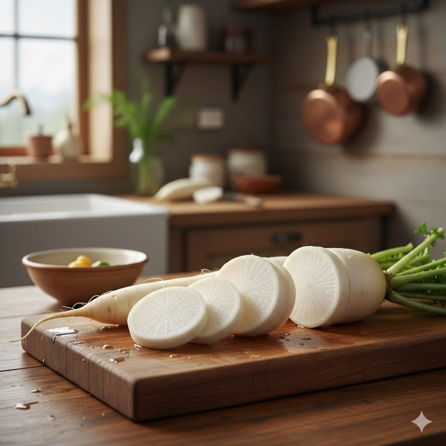 Củ cải trắng – nguyên liệu quen thuộc, giá rẻ nhưng được nhiều gia đình sử dụng để hỗ trợ làm dịu cổ họng, giảm cảm giác vướng đờm.