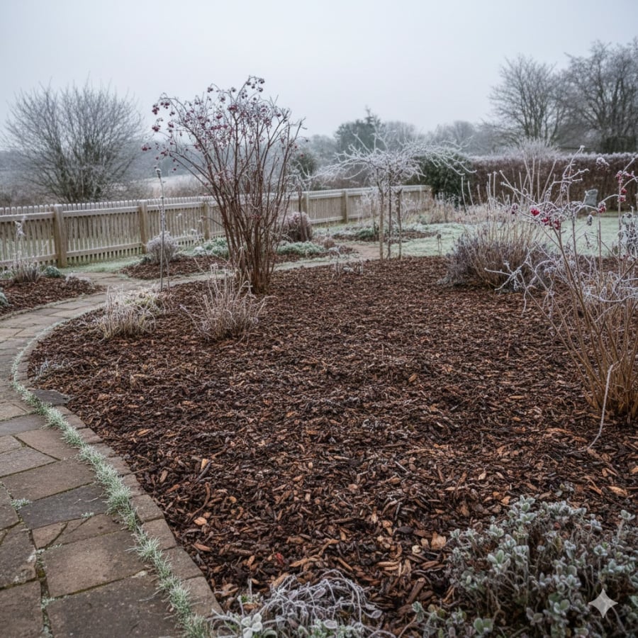 Rắc lớp hữu cơ mỏng lên bề mặt đất trong mùa đông giúp hạn chế thất thoát nhiệt, giữ ẩm và bảo vệ rễ cây trước thời tiết lạnh.