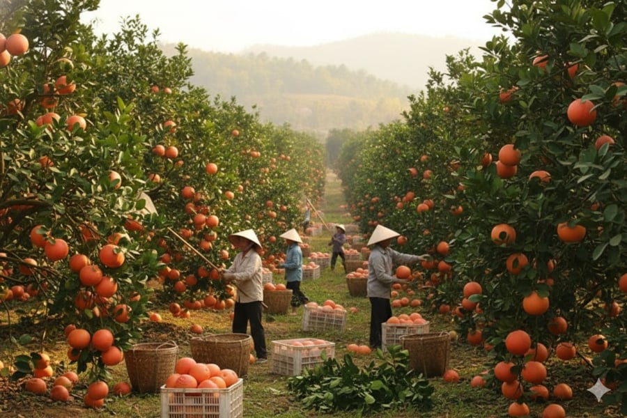 Bưởi đỏ Đông Cao vào vụ Tết, sắc đỏ rực rỡ tượng trưng cho may mắn và sung túc.