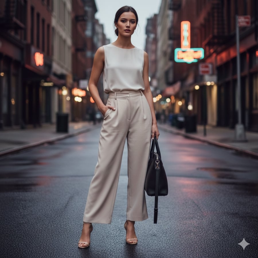 Sandal cao gót giúp quần ống suông phát huy tối đa khả năng tôn dáng.