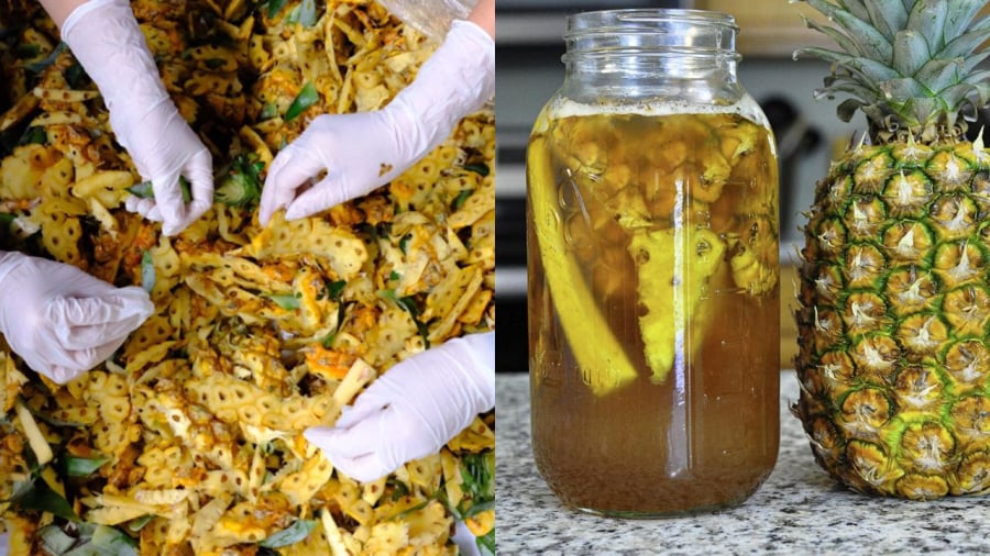 Vỏ dứa kết hợp với nước sạch, nước mía (hoặc rỉ mía, đường thô) sẽ tạo ra một loại enzyme có công dụng làm sạch rất tốt.