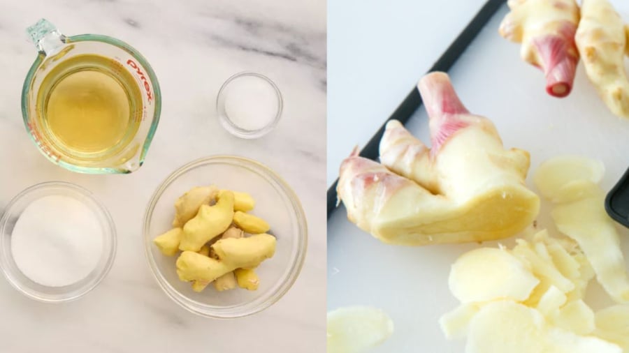 Gừng cần được thái lát mỏng và chần với nước sôi trước khi ngâm.