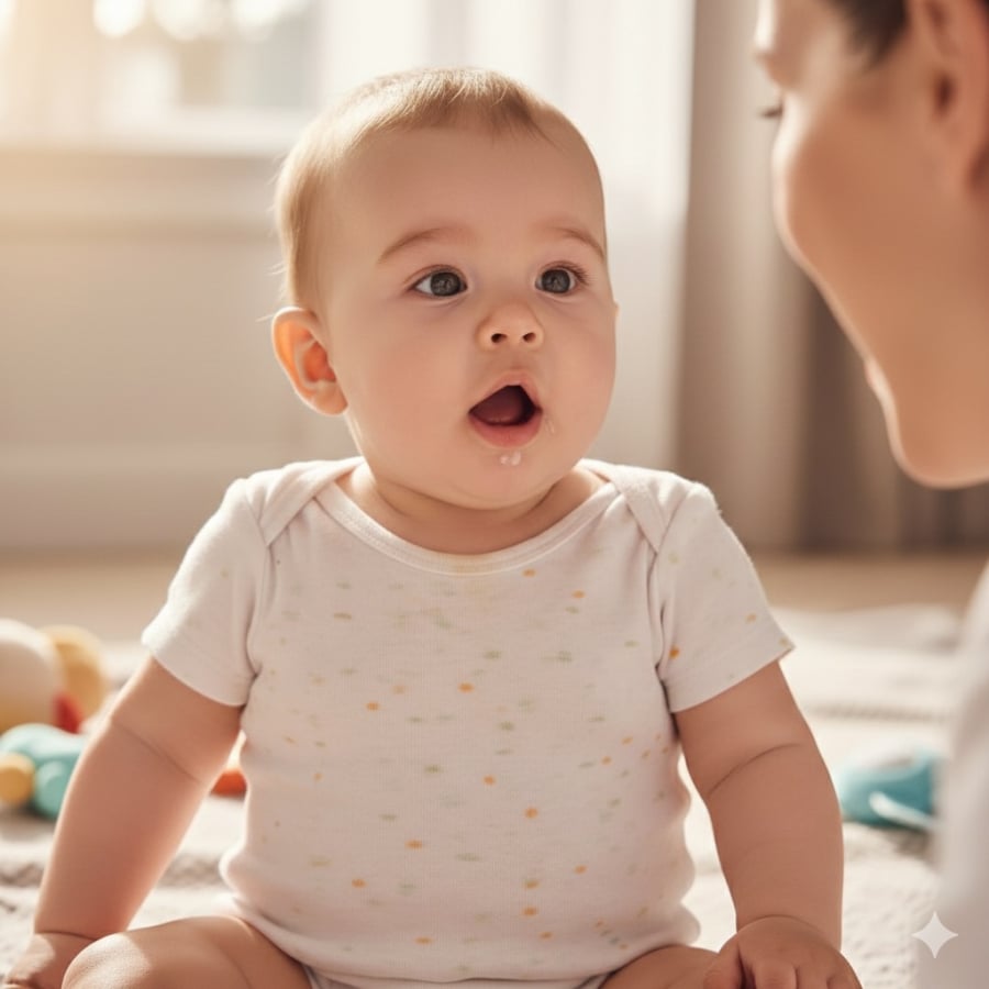 Khả năng quan sát chuyển động môi và phản ứng bằng âm thanh bập bẹ là dấu hiệu sớm của sự phát triển ngôn ngữ và giao tiếp.  