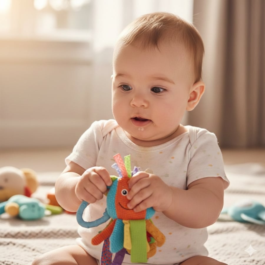 Sự tập trung kéo dài và cách bé khám phá đồ vật cho thấy não bộ đang chủ động tiếp nhận và xử lý thông tin từ môi trường xung quanh.