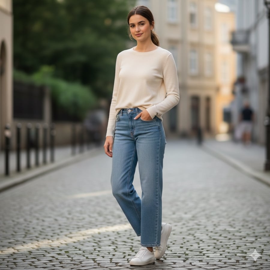 Sneaker trắng là kiểu giày bệt dễ phối nhất với quần jeans, phù hợp nhiều hoàn cảnh.