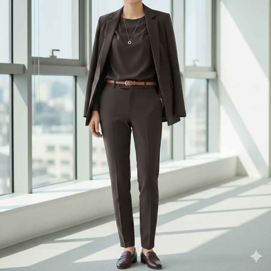 Trang phục nâu tối giản mang lại vẻ ngoài chỉn chu, tinh tế mà không cứng nhắc.