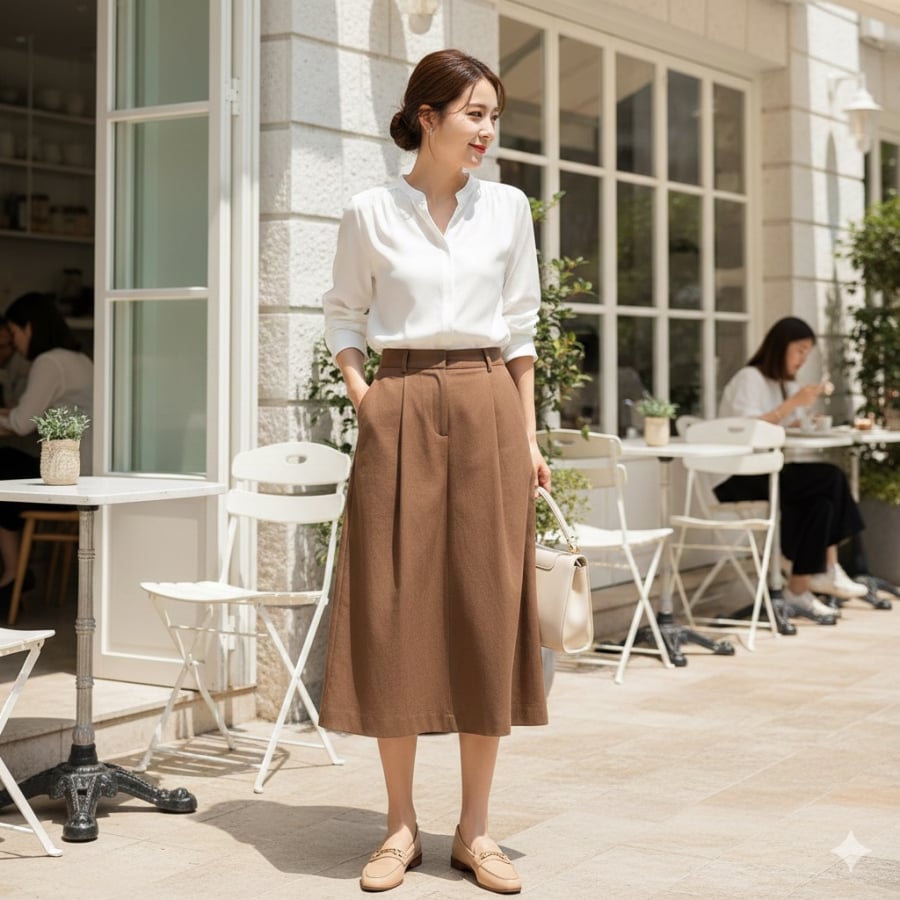 Phối nâu với trắng giúp outfit trông trẻ trung, năng động và dễ ghi điểm.