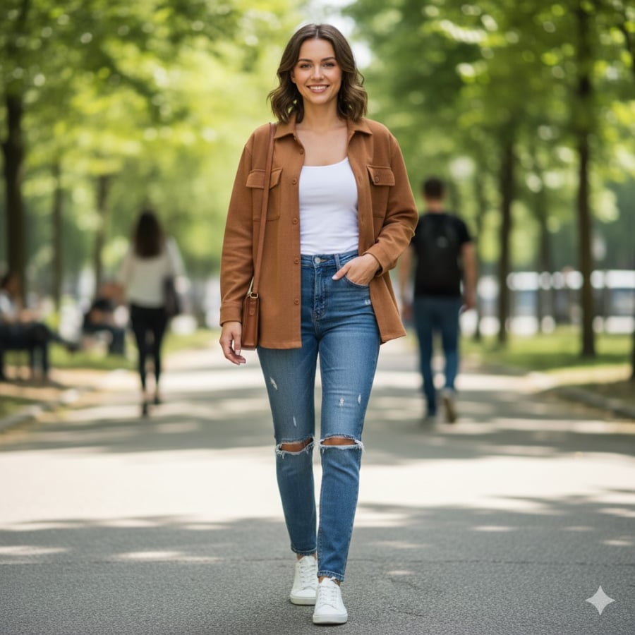 Nâu và denim là bộ đôi giúp trang phục vừa ấm áp vừa trẻ trung, không lo lỗi mốt.