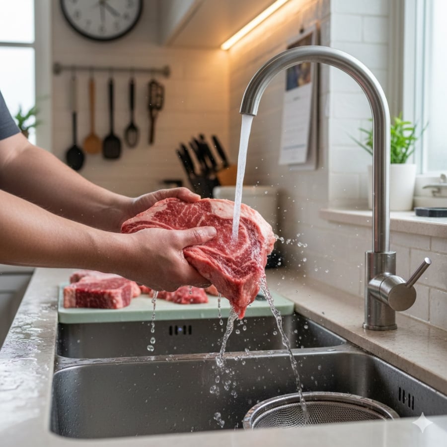 Rửa thịt sống dưới vòi nước không giúp loại bỏ vi khuẩn mà còn làm tăng nguy cơ lây nhiễm chéo trong gian bếp.