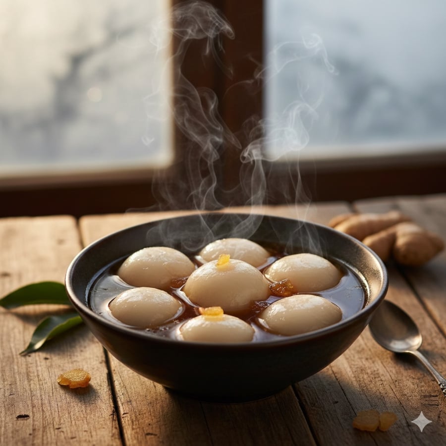 Món chè trôi nước gừng viên giúp làm ấm cơ thể, thích hợp ăn trong 15 ngày giao mùa từ Đại Hàn đến Đầu Xuân.