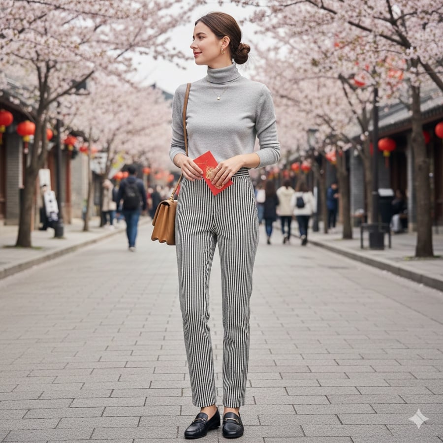 Quần kẻ giúp tạo hiệu ứng chân thon dài, phù hợp mặc Tết khi cần sự lịch sự.